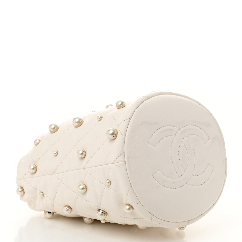 Lambskin Quilted Pearl About Pearls Drawstring Bag White
