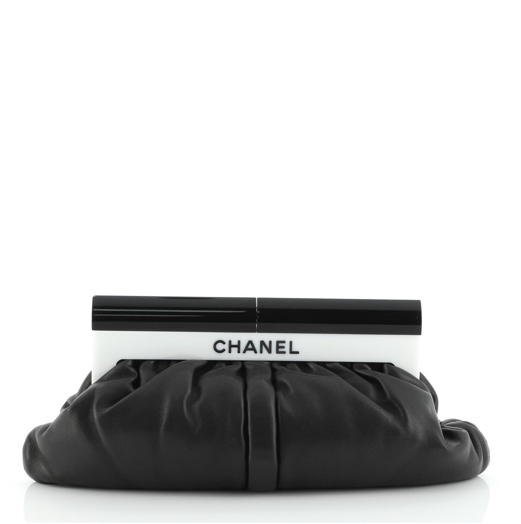 Resin Logo Frame Clutch Pleated Leather Small