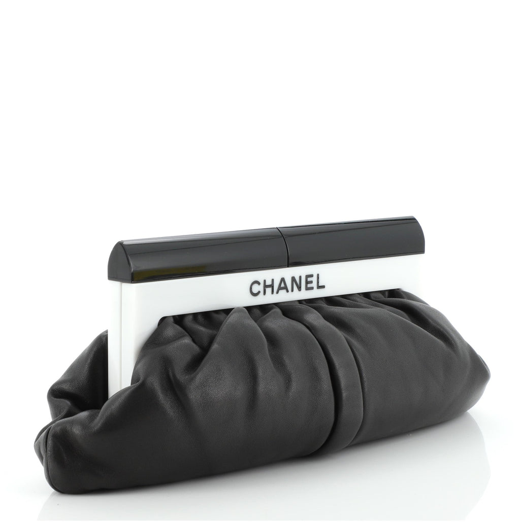Resin Logo Frame Clutch Pleated Leather Small