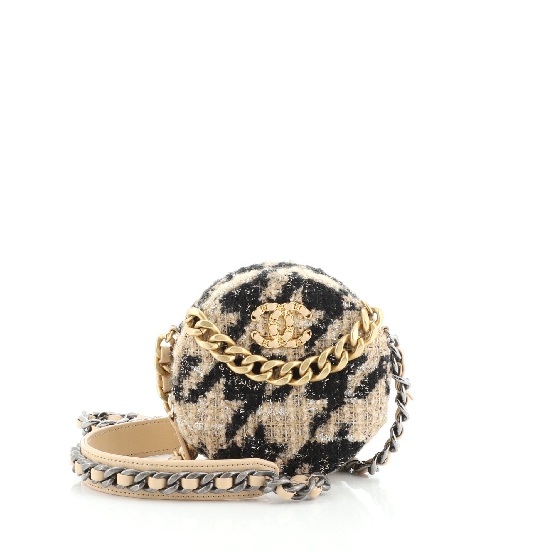 Round Clutch with Chain with Coin Purse Quilted Tweed with Shearling