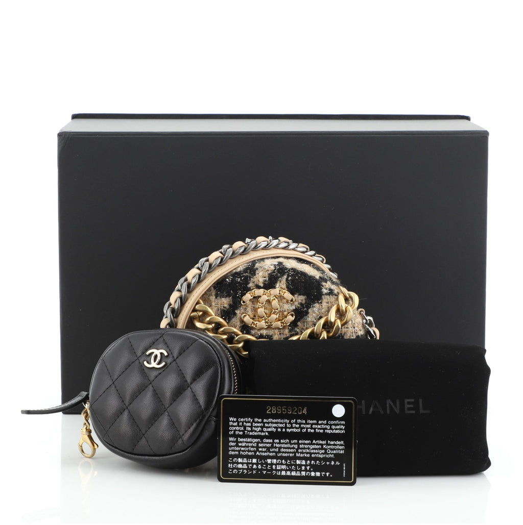 Round Clutch with Chain with Coin Purse Quilted Tweed with Shearling