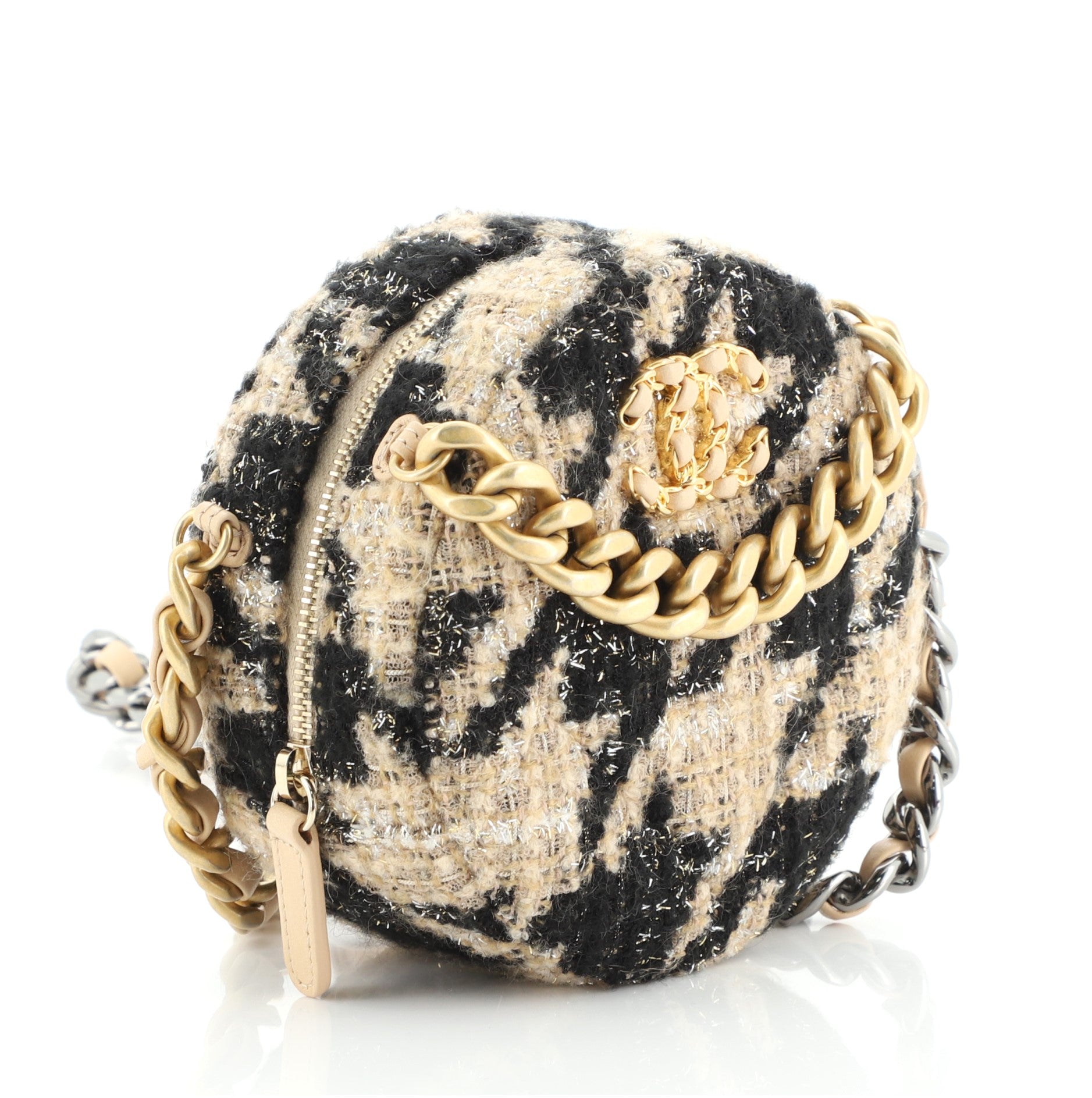 Round Clutch with Chain with Coin Purse Quilted Tweed with Shearling