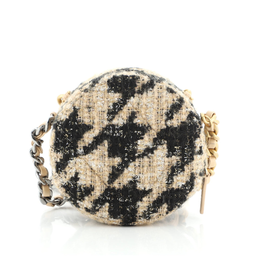 Round Clutch with Chain with Coin Purse Quilted Tweed with Shearling