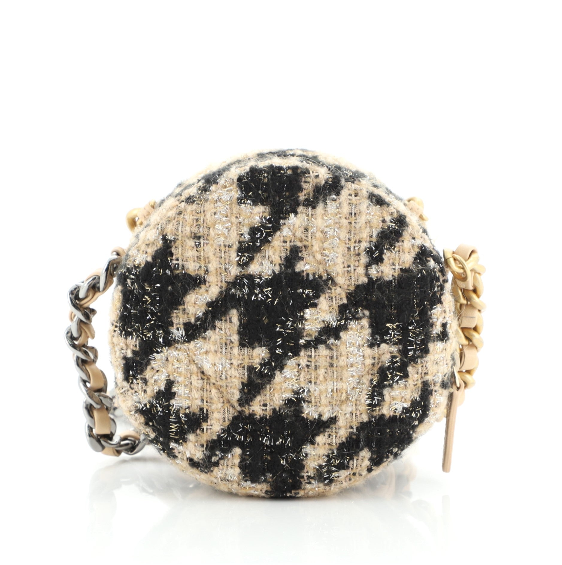 Round Clutch with Chain with Coin Purse Quilted Tweed with Shearling
