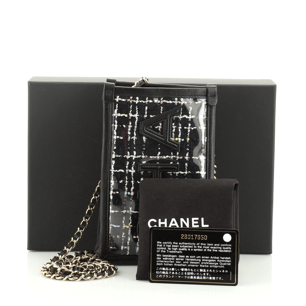 Logo Phone Clutch with Chain PVC Over Quilted Tweed
