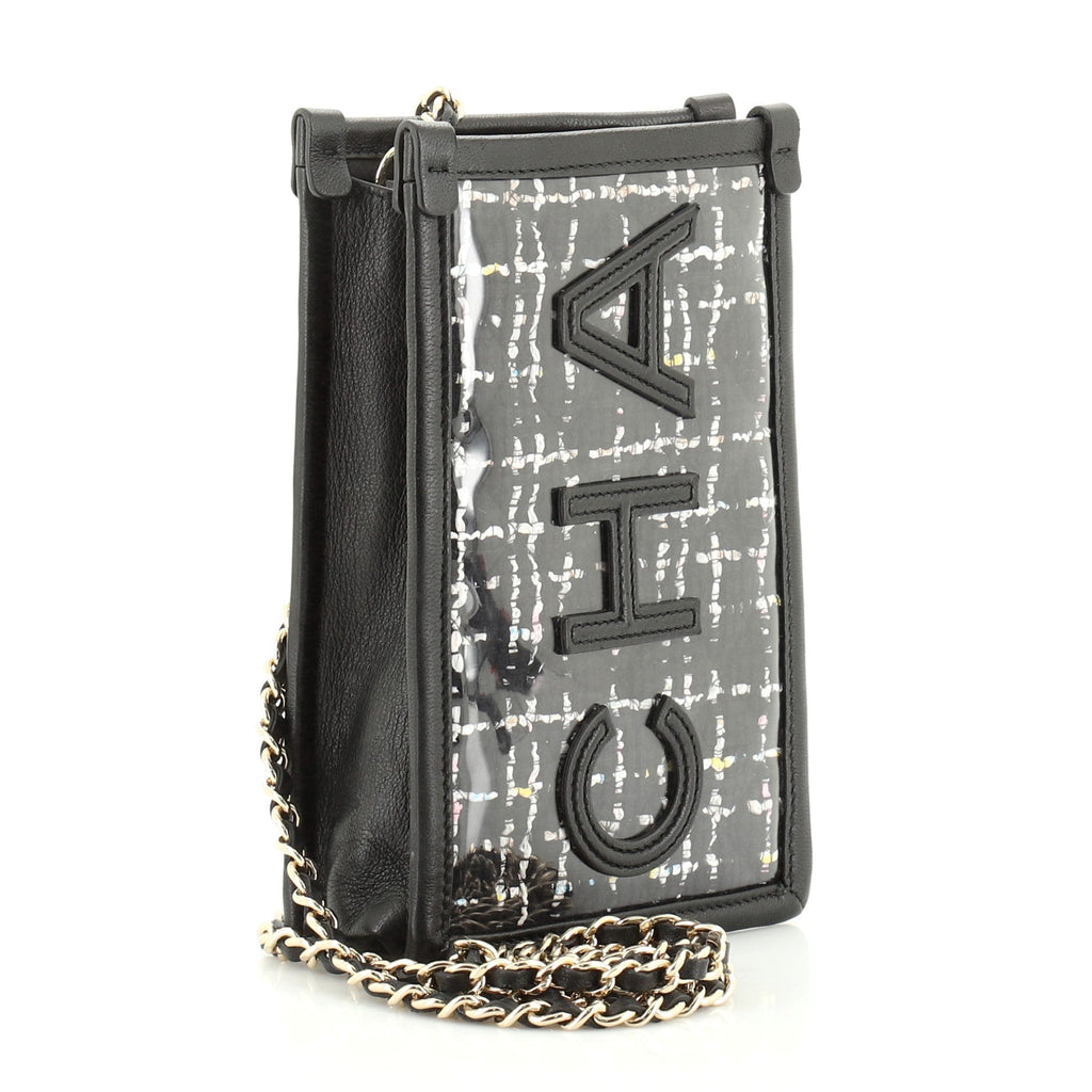 Logo Phone Clutch with Chain PVC Over Quilted Tweed