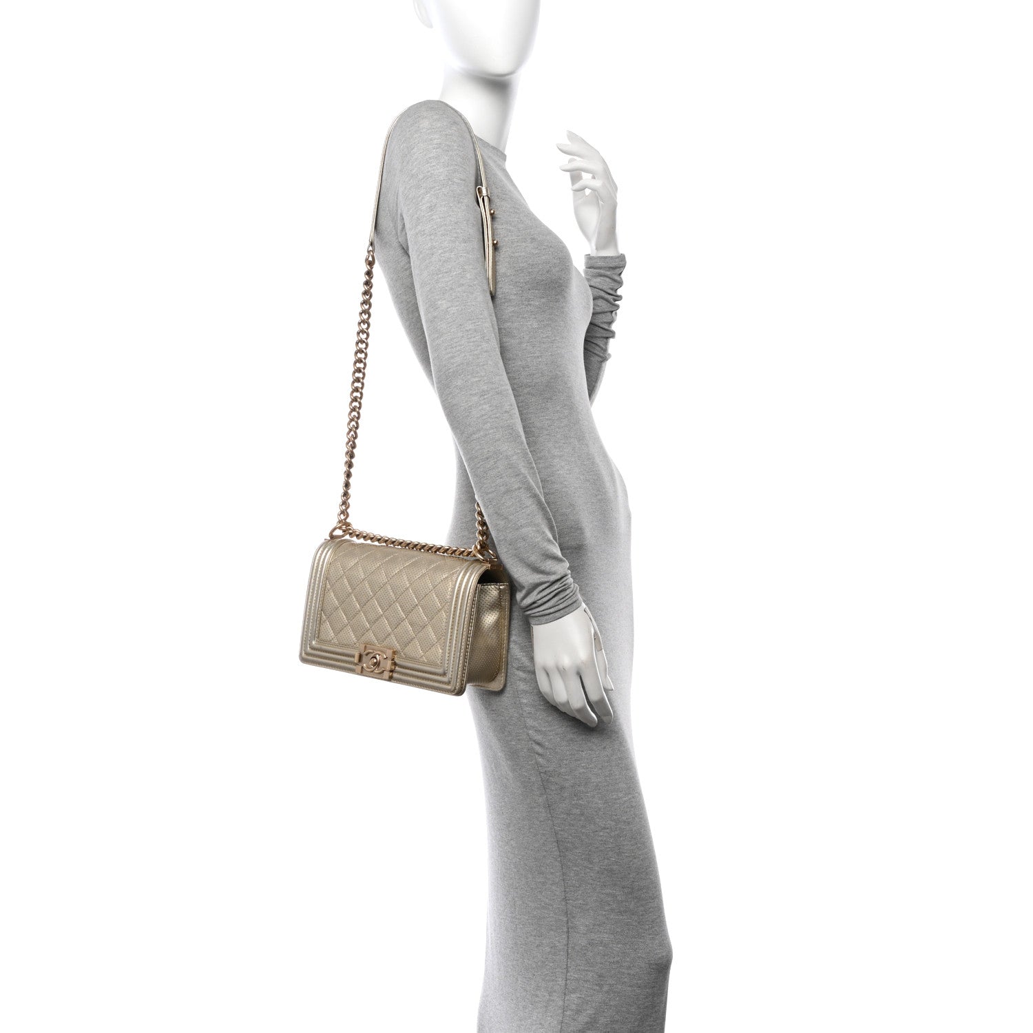Metallic Perforated Lambskin Quilted Medium Boy Flap Gold