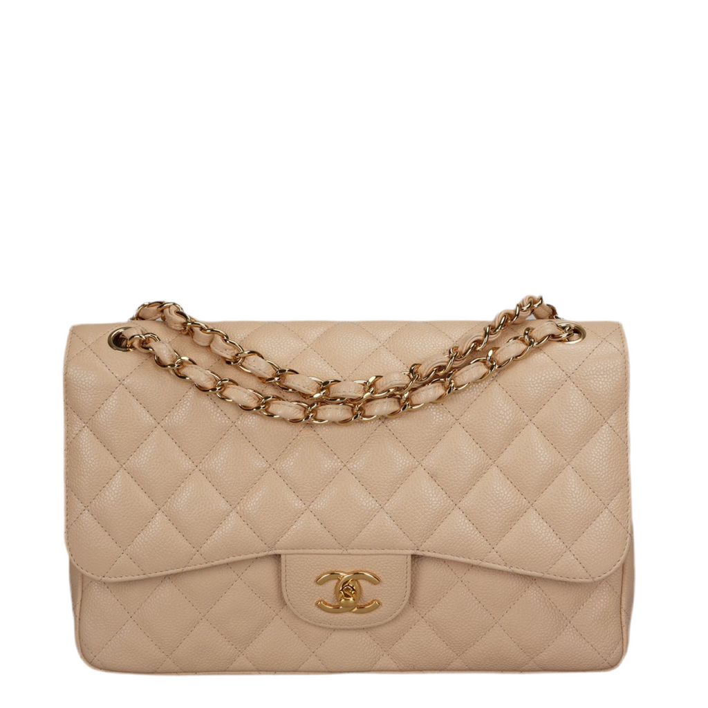 Chanel Classic Double Flap Bag Jumbo in Beige Quilted Caviar Leather with Gold Hardware
