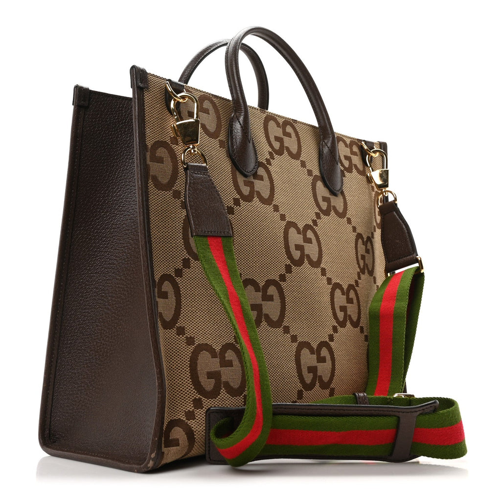 Monogram Jumbo GG Textured Dollar Calfskin Web Tote Bag Camel Ebony New Acero