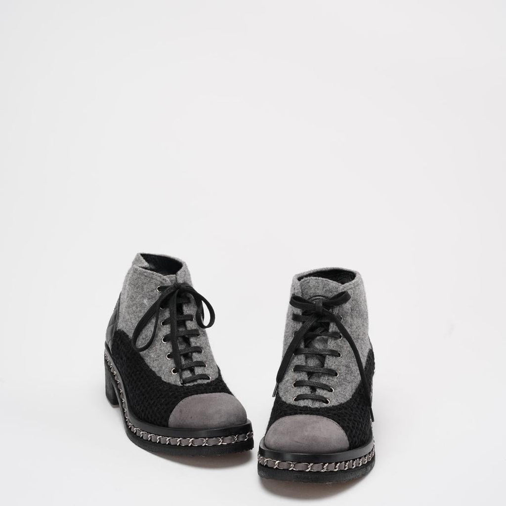 Chanel Black/Grey Tweed Suede Chain Ankle Boots 37