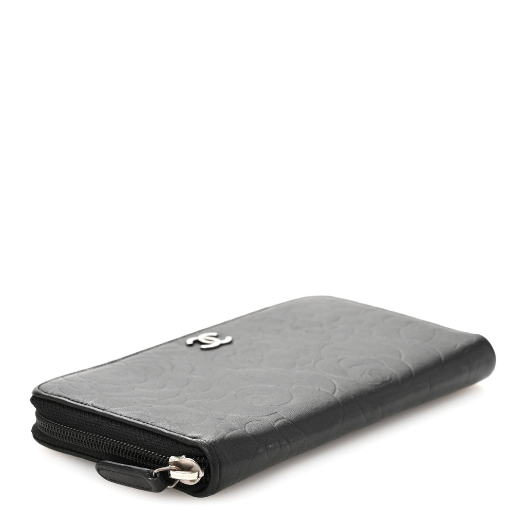 Lambskin Camellia Embossed Large Zip Around Gusset Wallet Black