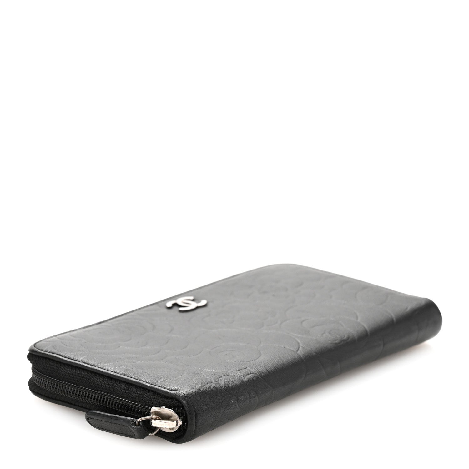 Lambskin Camellia Embossed Large Zip Around Gusset Wallet Black
