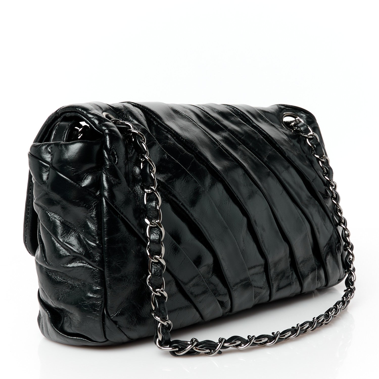 Glazed Calfskin Twisted Medium Flap Black