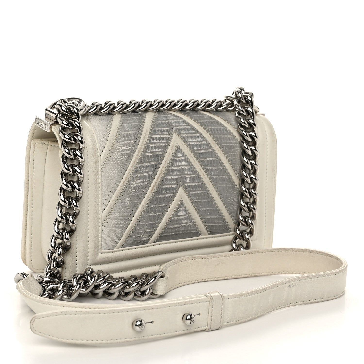 Lizard Chevron Stitched Small Boy Flap White Silver