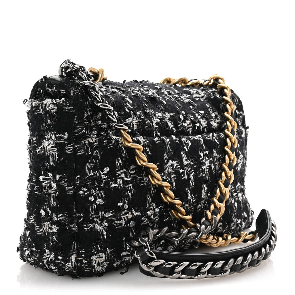 Tweed Quilted Large Chanel 19 Flap Black Silver Ecru