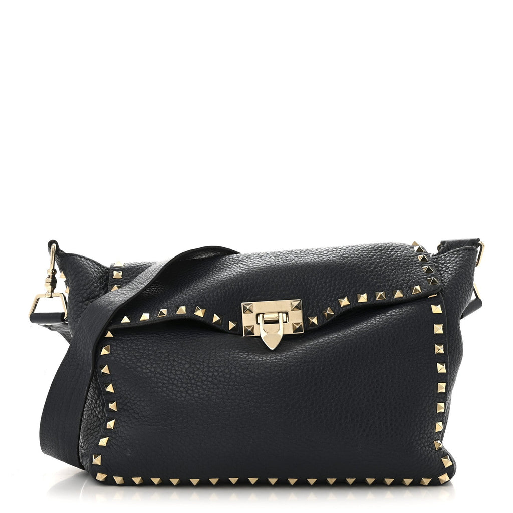 Pebbled Calfskin Rockstud Flip Lock Flap Messenger Satchel Marine