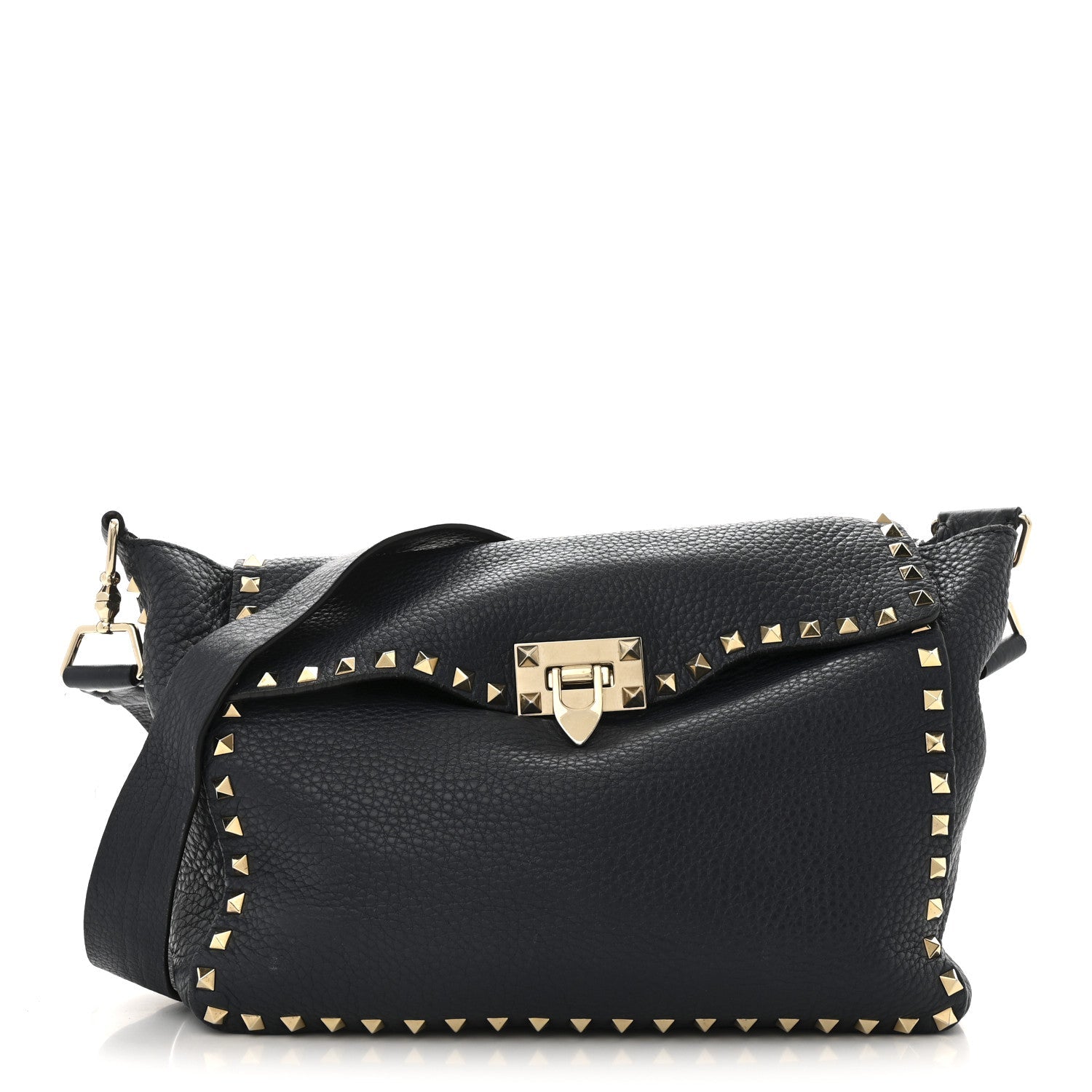 Pebbled Calfskin Rockstud Flip Lock Flap Messenger Satchel Marine