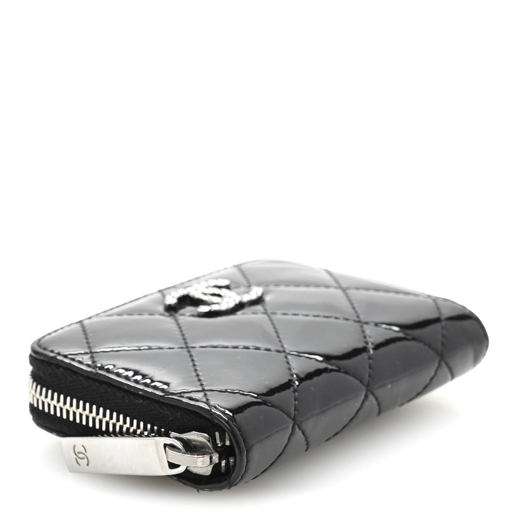 Patent Calfskin Quilted Brilliant Zip Coin Purse Wallet Black
