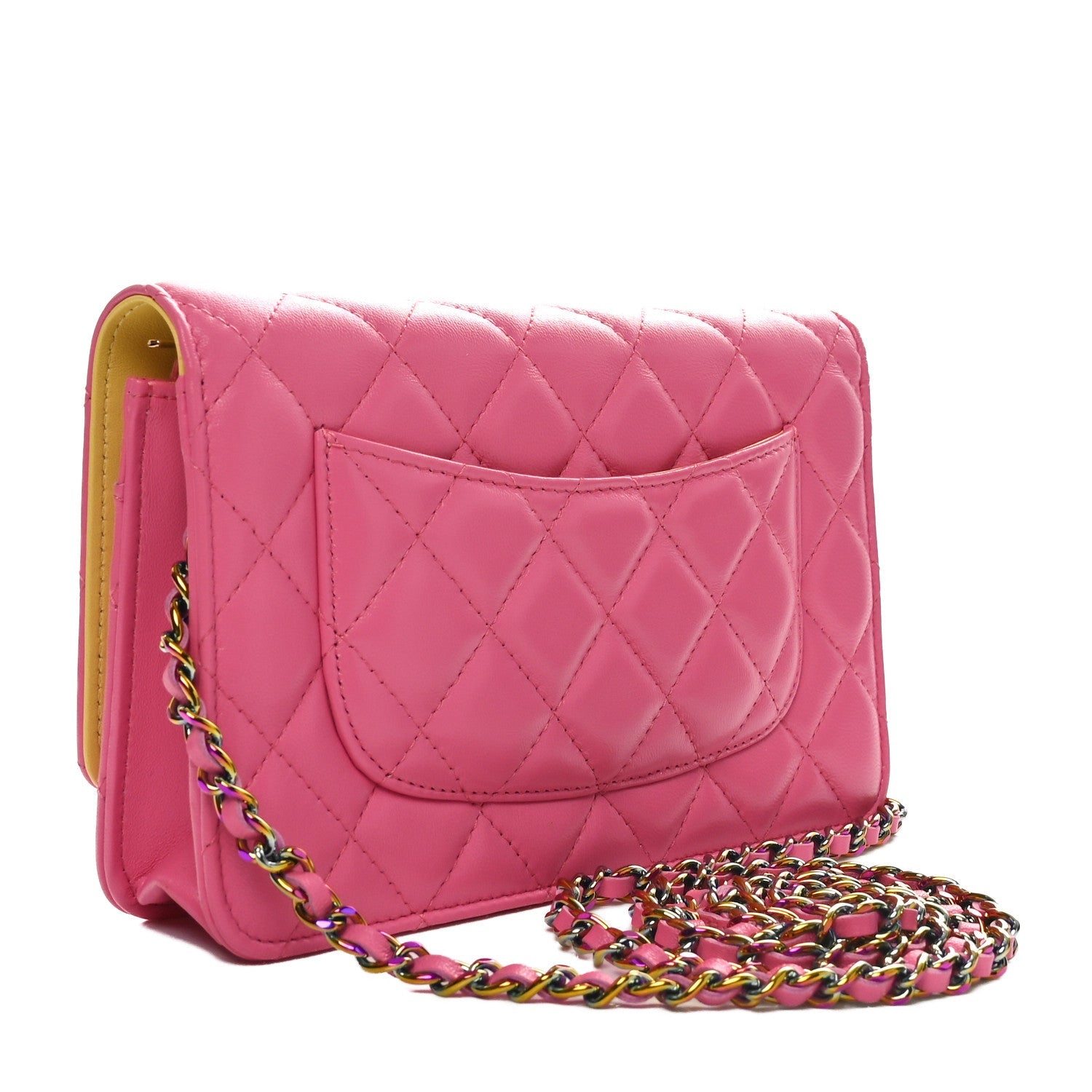 Lambskin Quilted Wallet On Chain WOC Pink Yellow