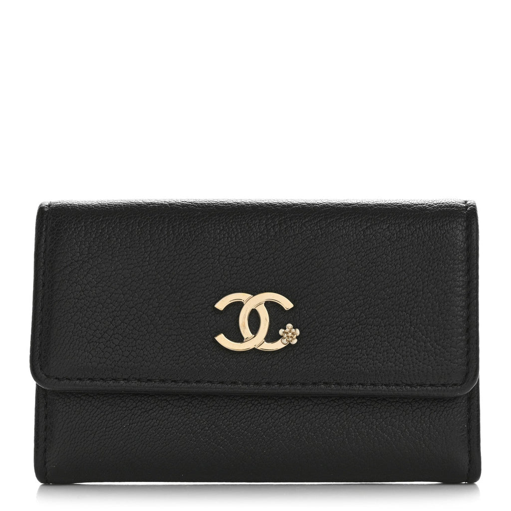 Goatskin Camellia CC Flap  Holder Black