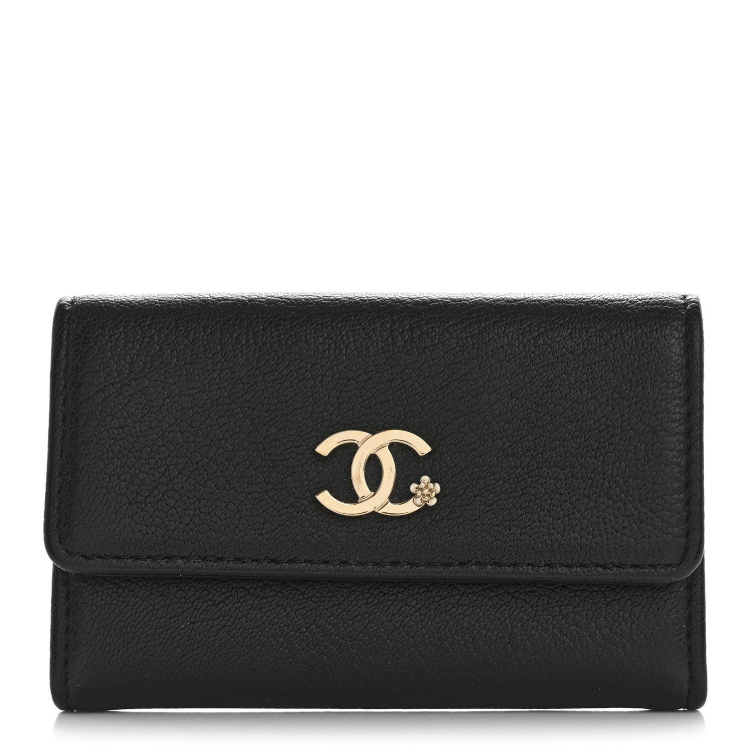 Goatskin Camellia CC Flap  Holder Black