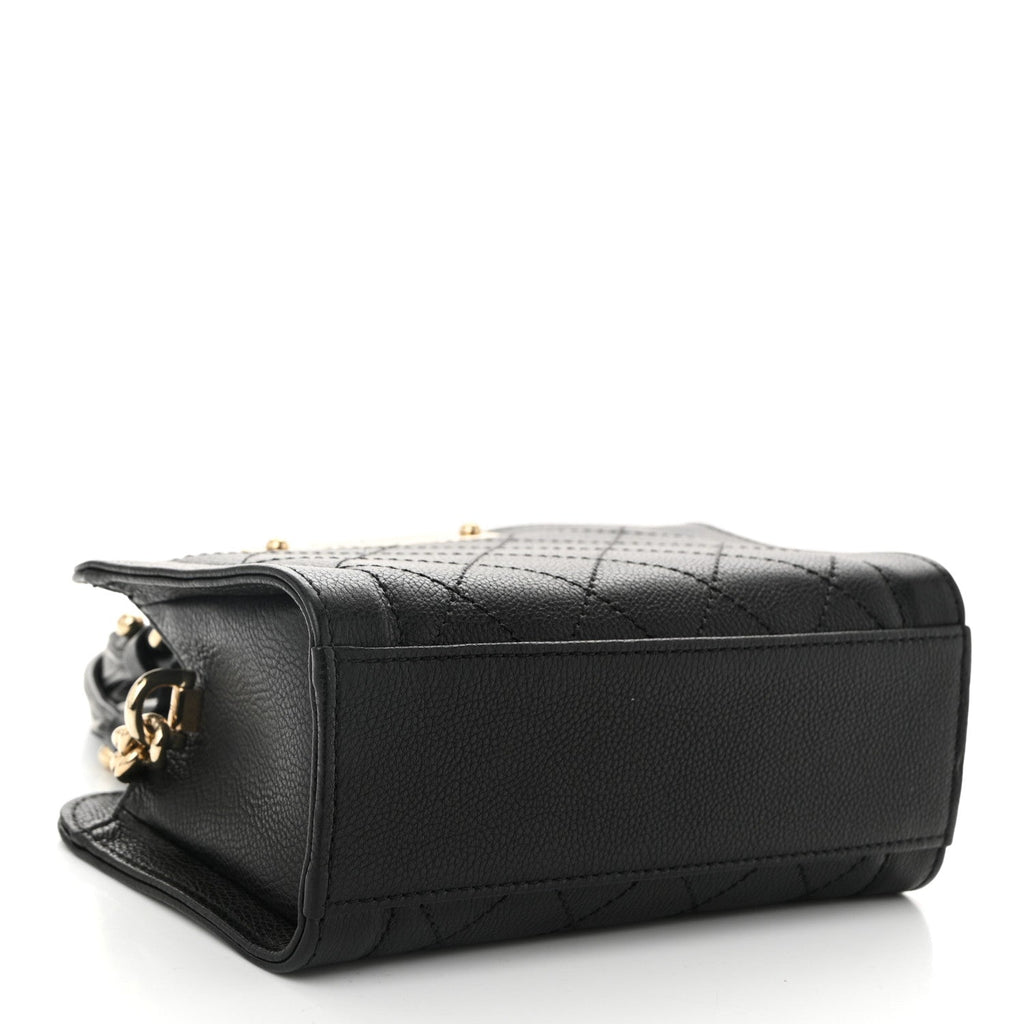 Grained Calfskin Stitched Mini Label  Shopper Tote Black