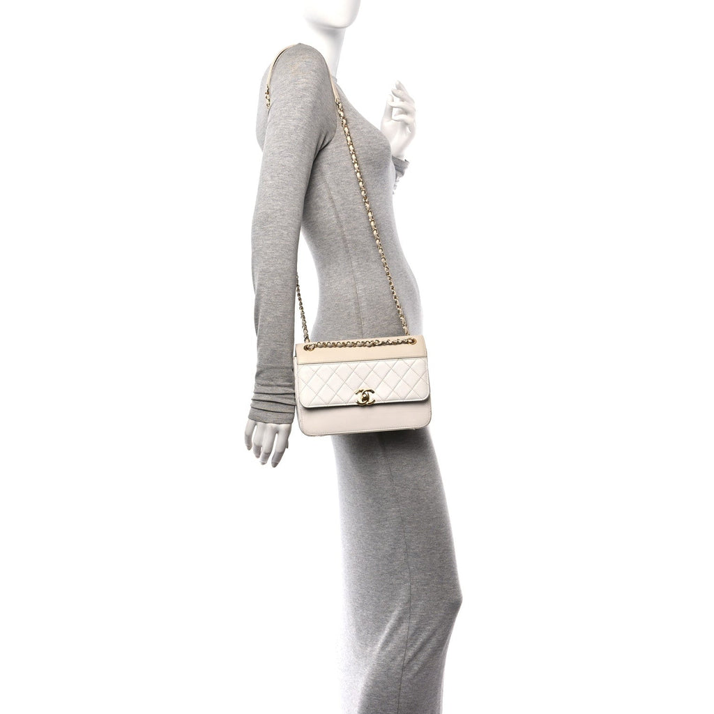 Lambskin Calfskin Quilted Shoulder Flap Bag Beige White