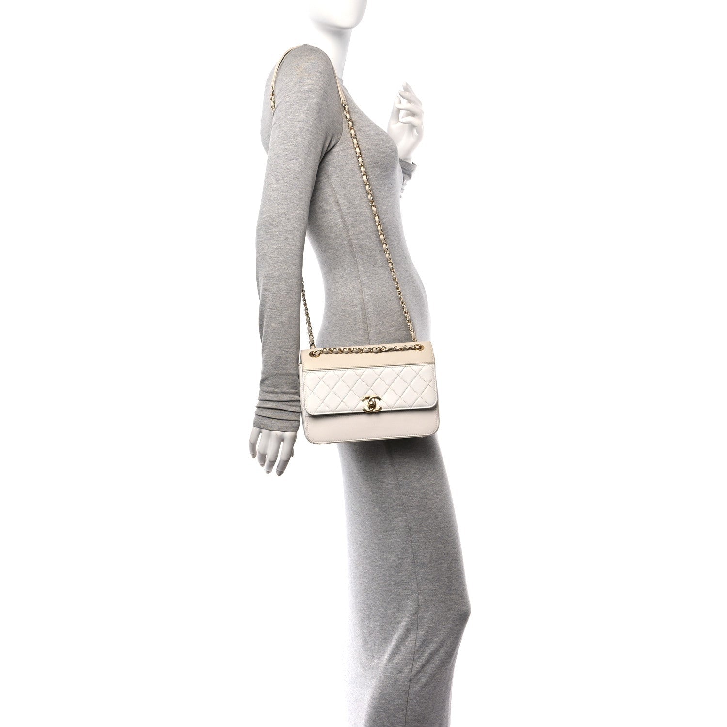 Lambskin Calfskin Quilted Shoulder Flap Bag Beige White