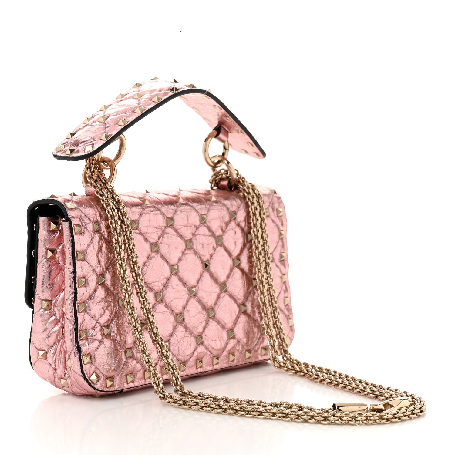 Metallic Wrinkled Lambskin Small Rockstud Spike Shoulder Bag Lipstick