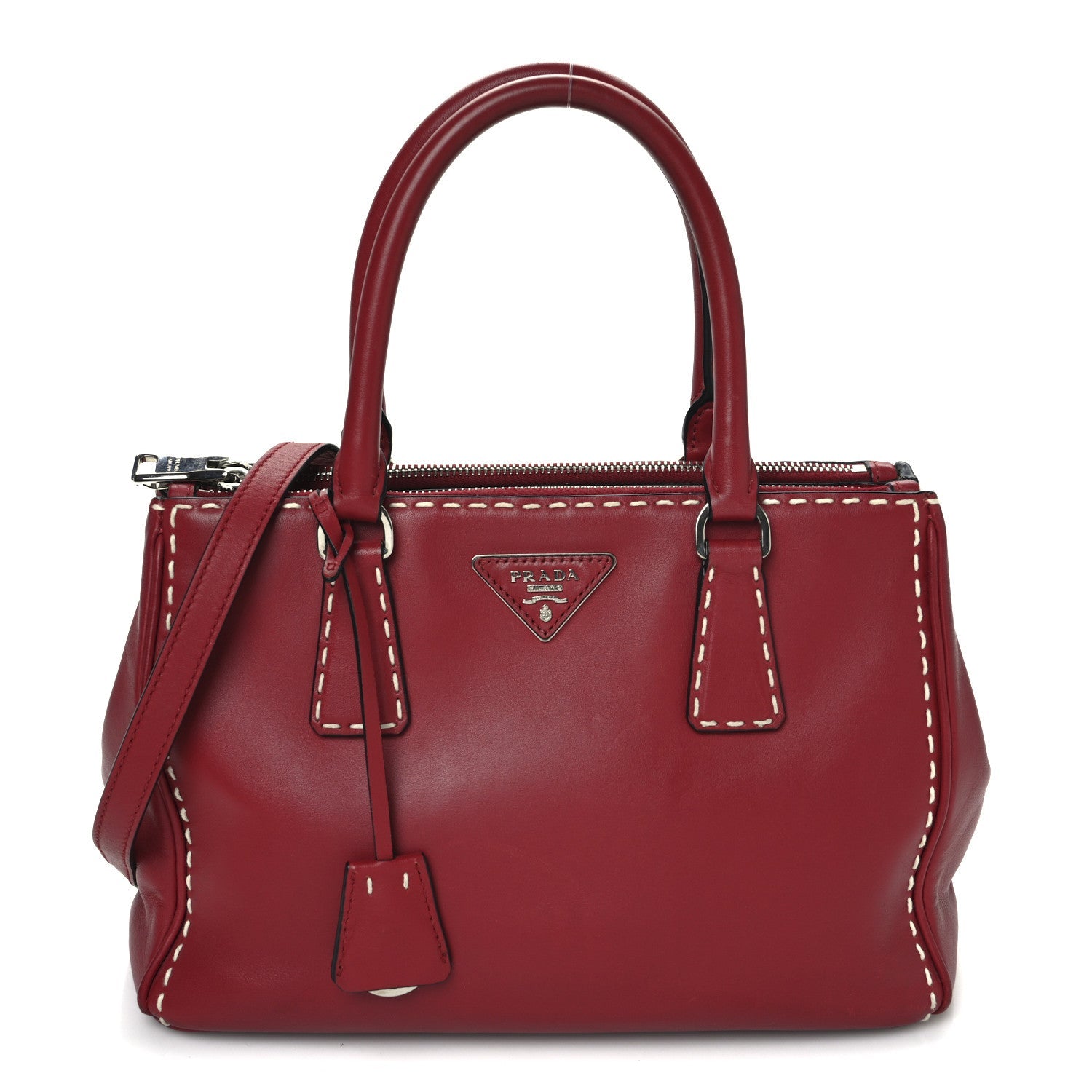 City Calf Small Hand Stitched Galleria Double Zip Tote Fuoco White