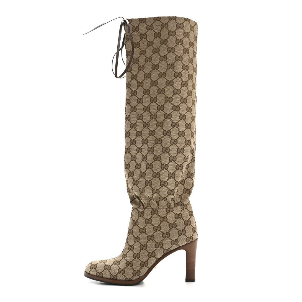 Monogram Malaga Kid Lisa Mid Heel Boots 36 Beige Ebony