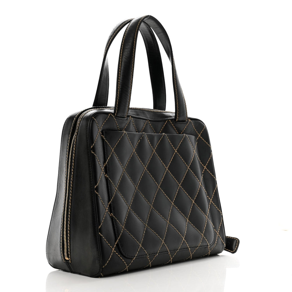 Calfskin Wild Stitch Vertical Top Handle Bag Black