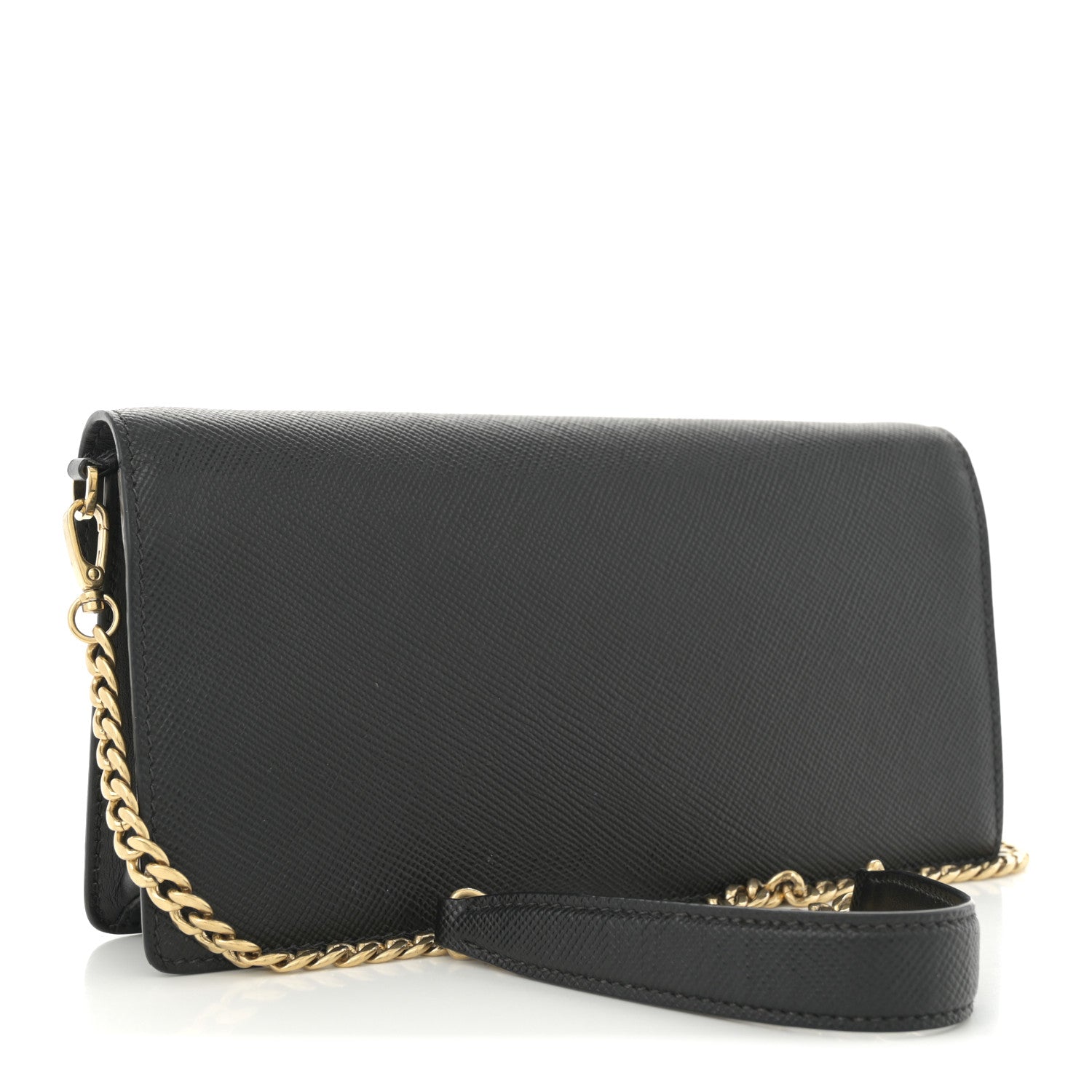 Saffiano Cuir Calfskin Monochrome Envelope Wallet on Chain Shoulder Bag Black