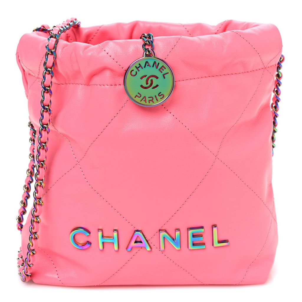 Shiny Calfskin Quilted Rainbow Metal Mini Chanel 22 Coral Pink