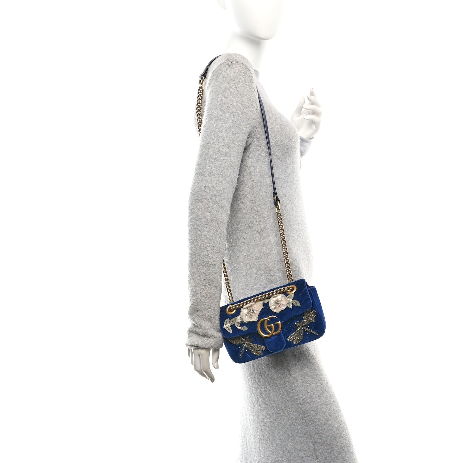 Velvet Matelasse Embroidered Mini GG Marmont Shoulder Bag Cobalt Blue