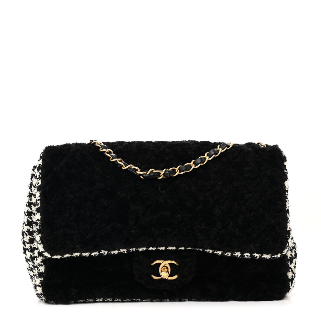 Shearling Tweed Jumbo Single Flap Black White