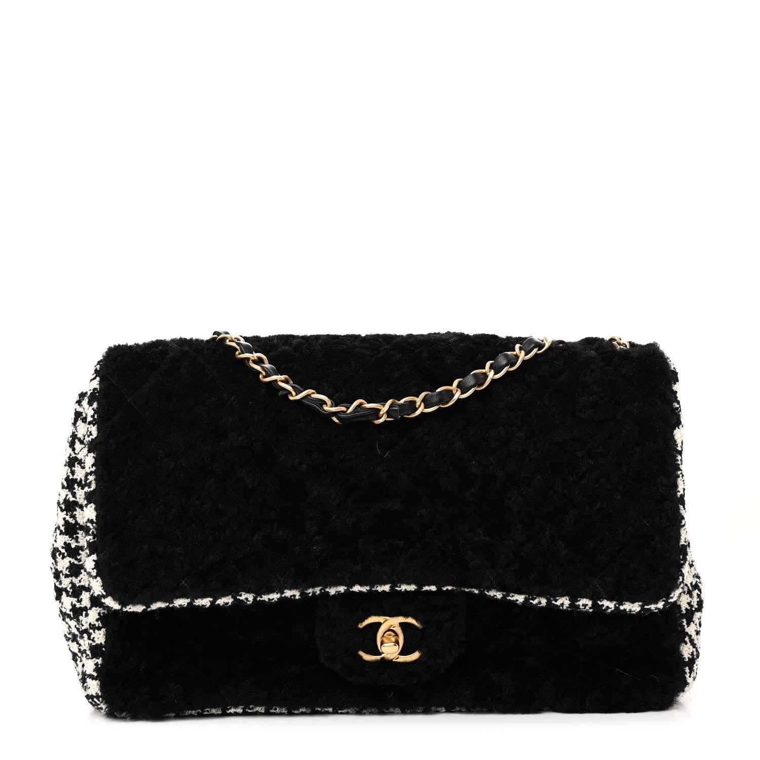 Shearling Tweed Jumbo Single Flap Black White