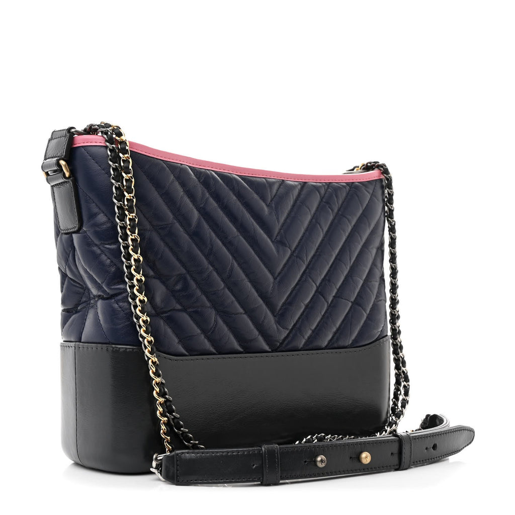 Aged Calfskin Chevron Quilted Medium Gabrielle Hobo Navy Black Pink