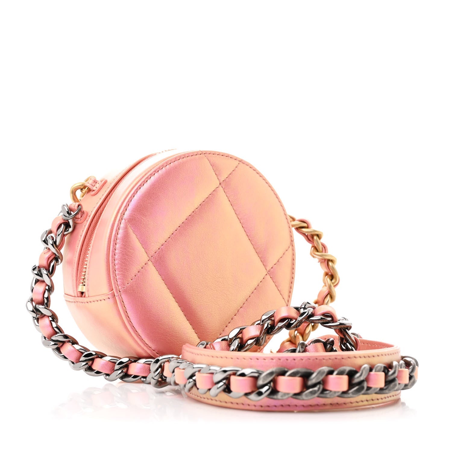 Iridescent Calfskin Quilted Chanel 19 Round Clutch With Chain Pink