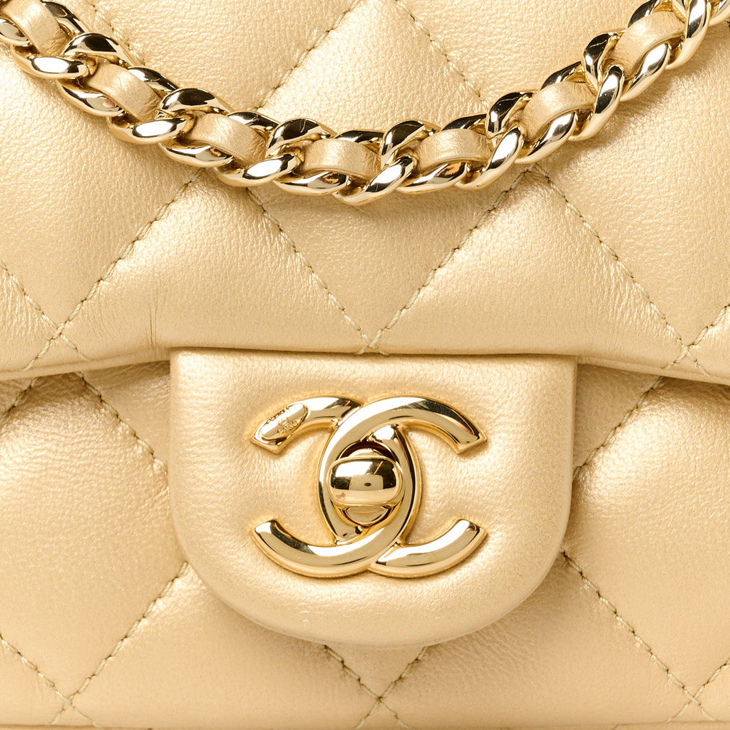 Metallic Lambskin Resin Quilted Top Handle Mini Flap Gold