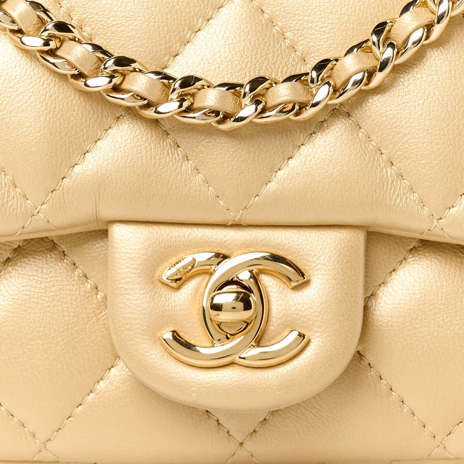 Metallic Lambskin Resin Quilted Top Handle Mini Flap Gold