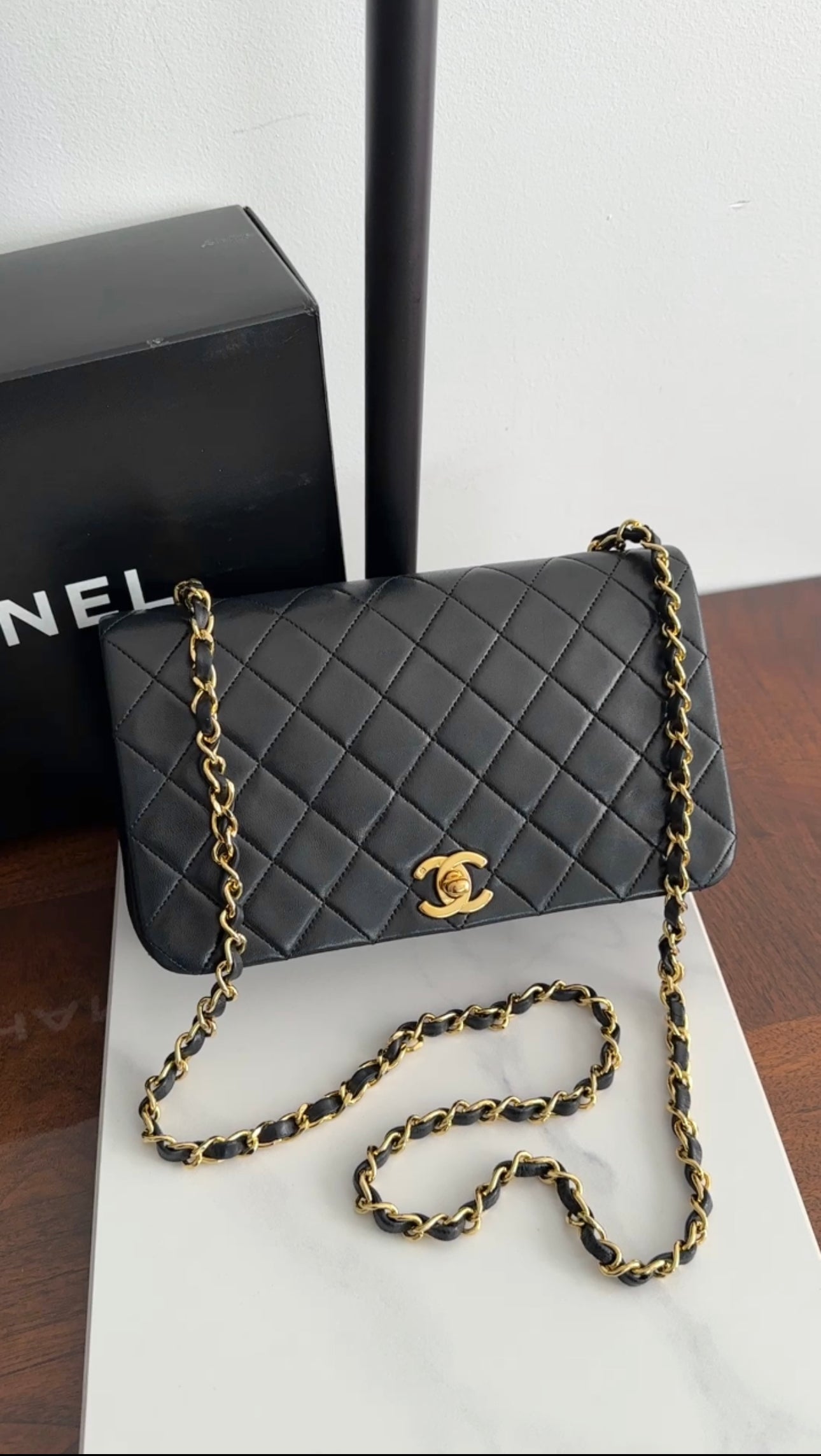 Chanel Vintage 1989 Black Lambskin Leather Full Flap Chain Bag