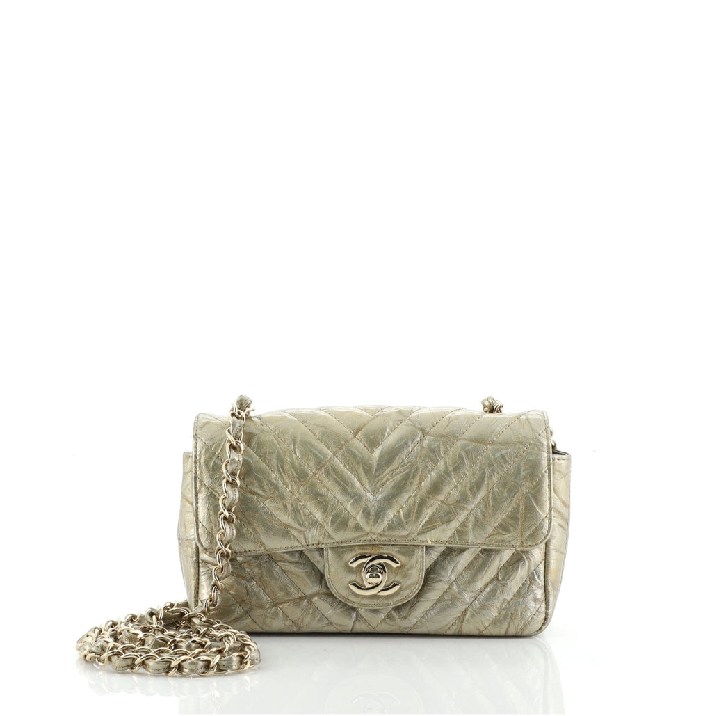 Classic Single Flap Bag Chevron Crumpled Patent Mini