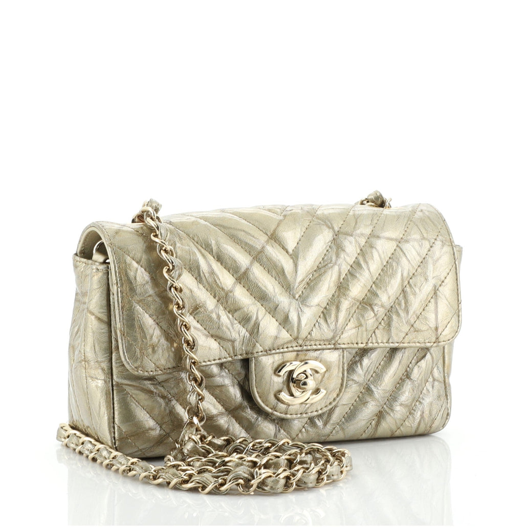 Classic Single Flap Bag Chevron Crumpled Patent Mini