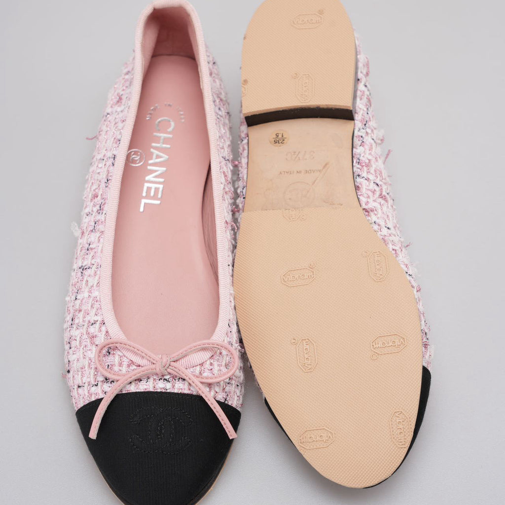 Chanel Pink Tweed Ballerina Flats with Black Cap Toe Size 37.5