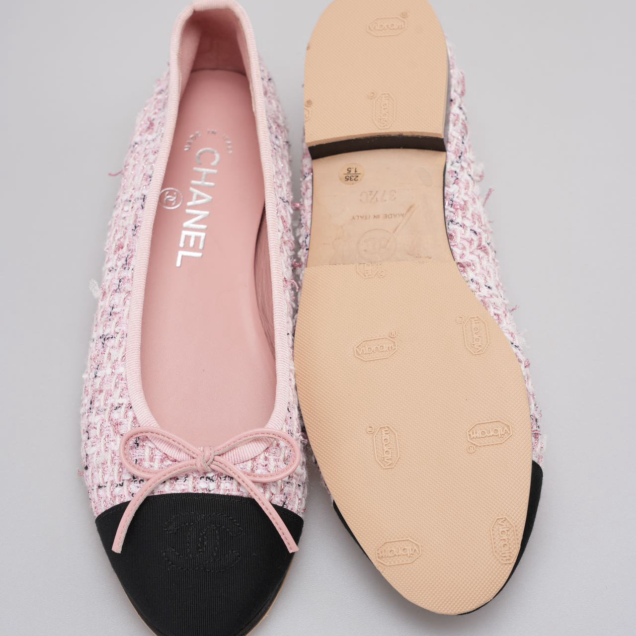 Chanel Pink Tweed Ballerina Flats with Black Cap Toe Size 37.5