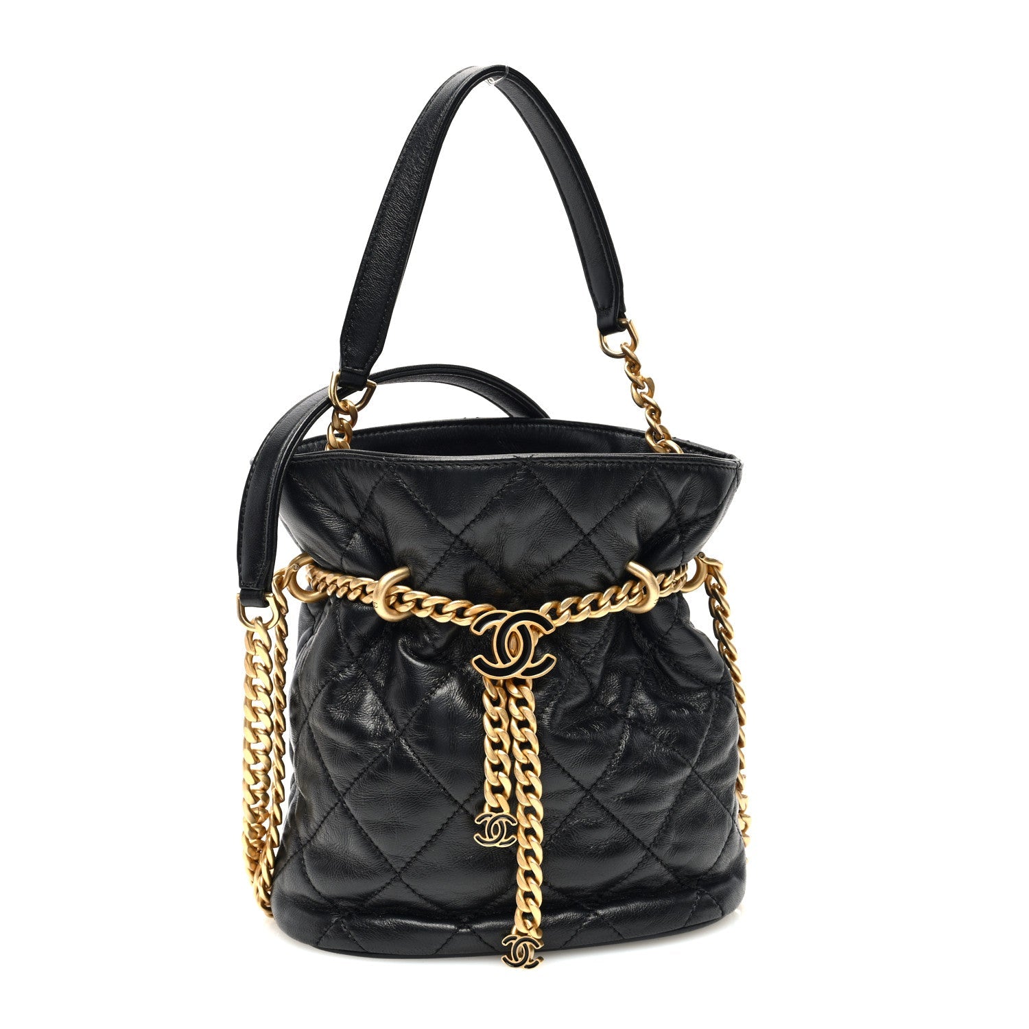 Lambskin Enamel Quilted Pending CC Bucket Drawstring Bag Black
