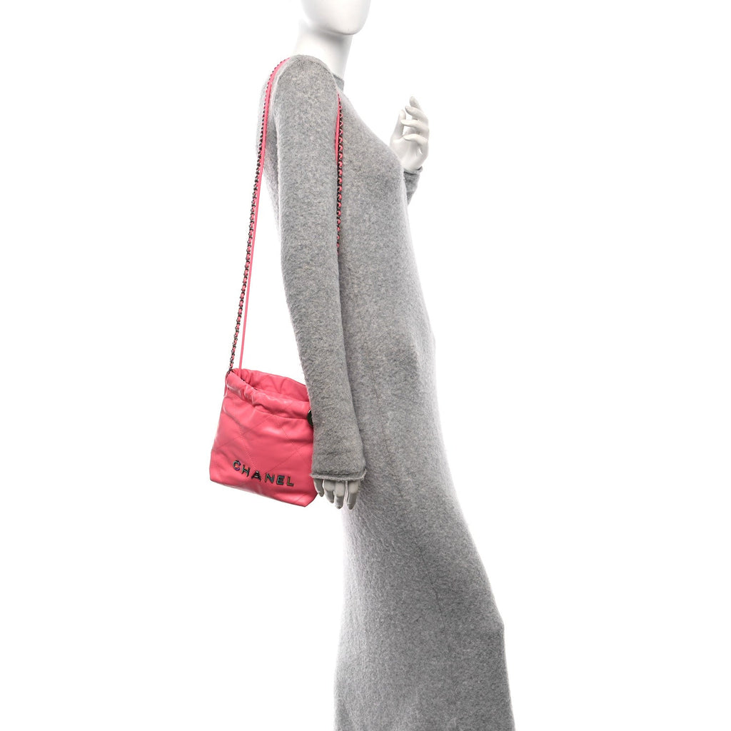 Shiny Calfskin Quilted Rainbow Metal Mini Chanel 22 Coral Pink