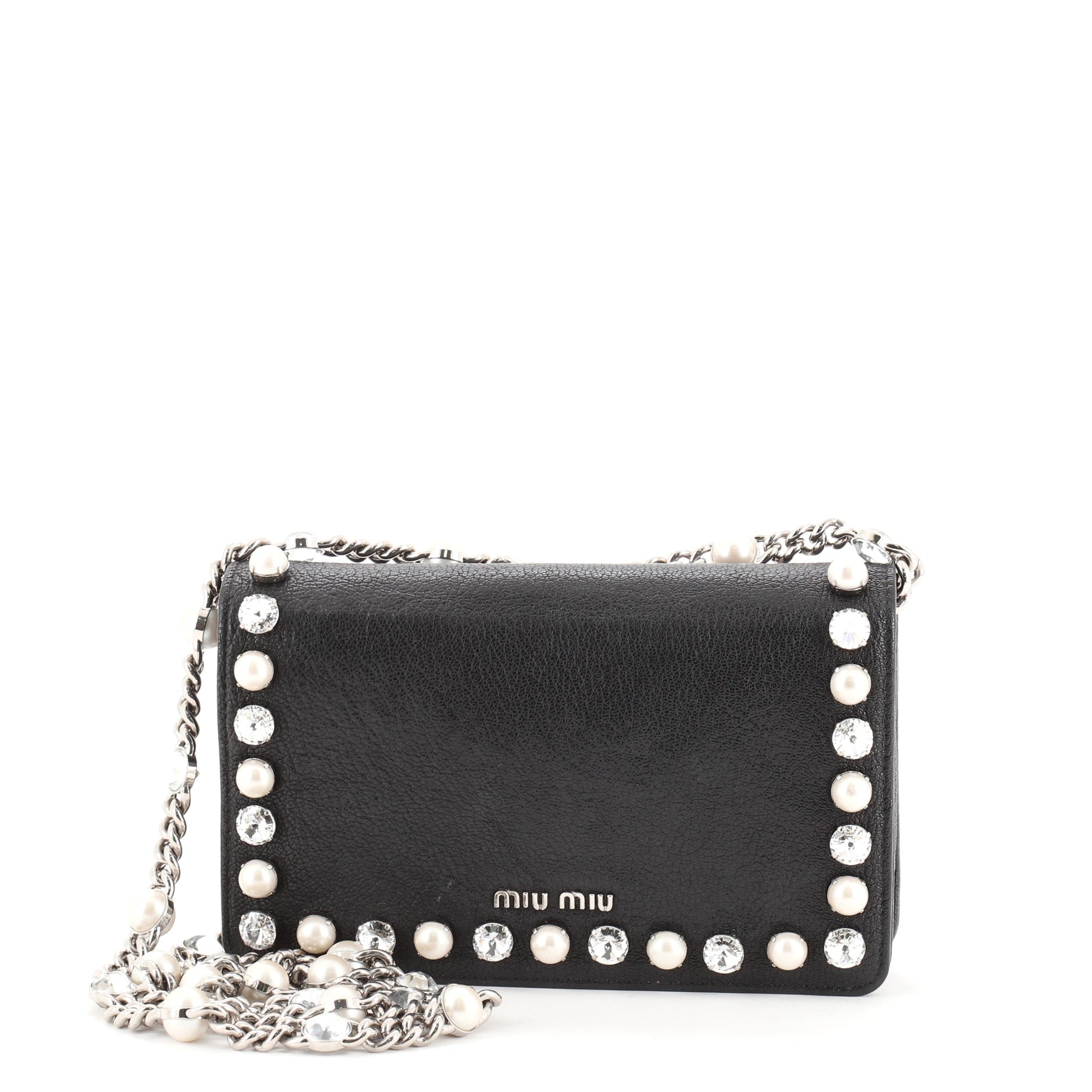 Crystal and Pearl Chain Clutch Embellished Leather Medium
