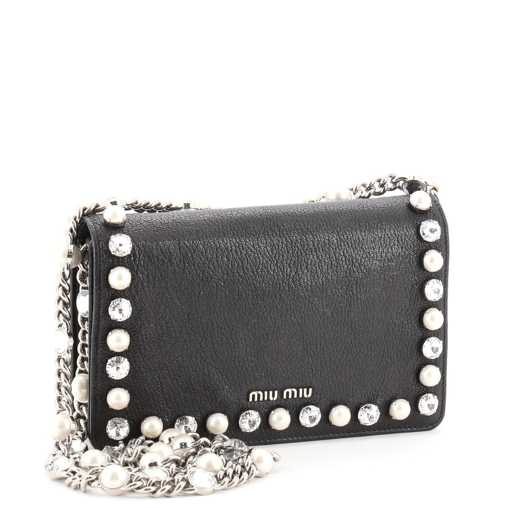 Crystal and Pearl Chain Clutch Embellished Leather Medium